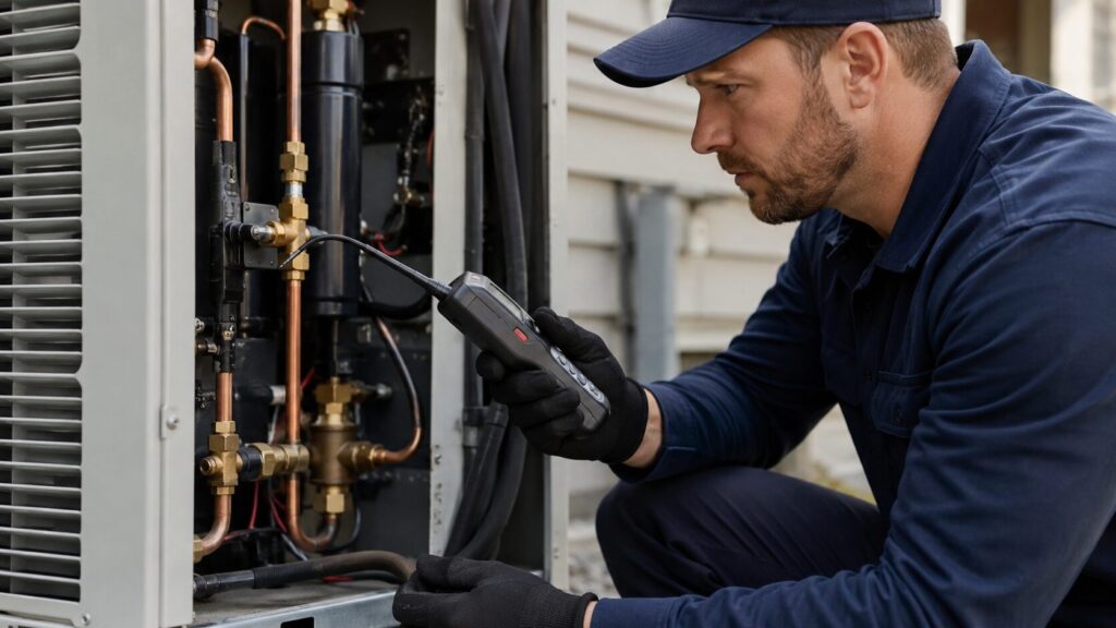 Technician inspecting AC refrigerant lines for gas leak detection in Ajman