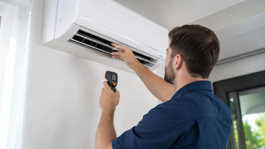 Split AC with ice formation caused by low refrigerant in Ajman