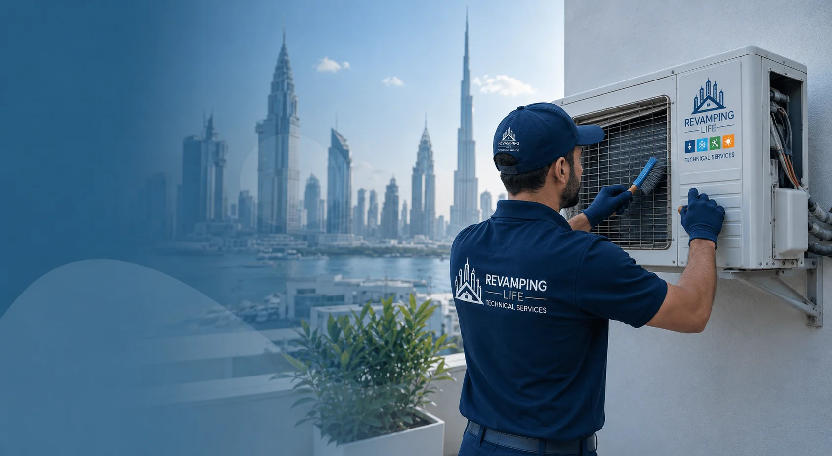 Technician inspecting split AC unit