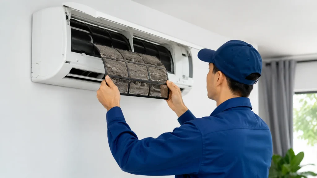 Technician inspecting split AC unit