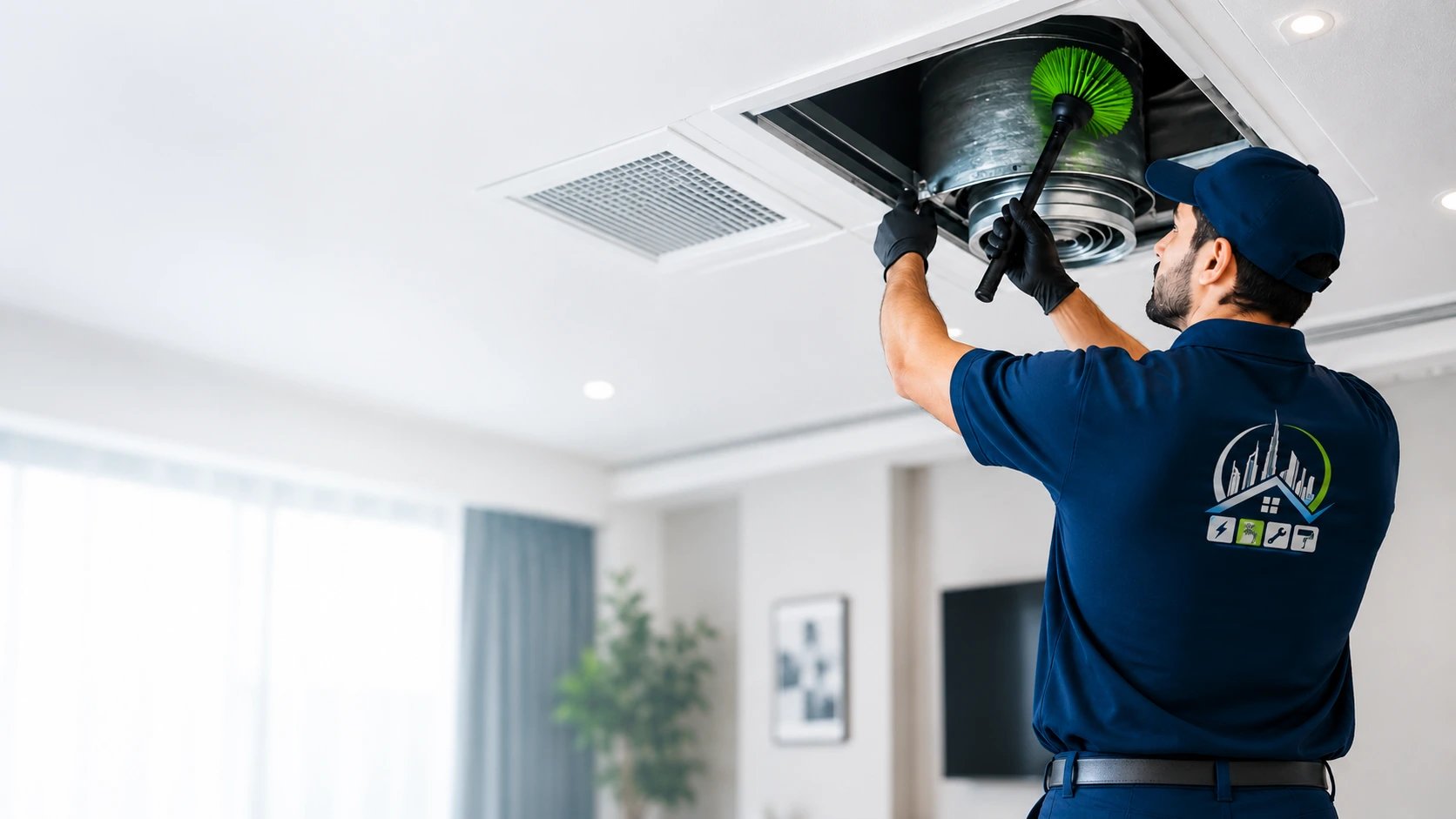 Technician cleaning an AC ventilation duct in a residential property