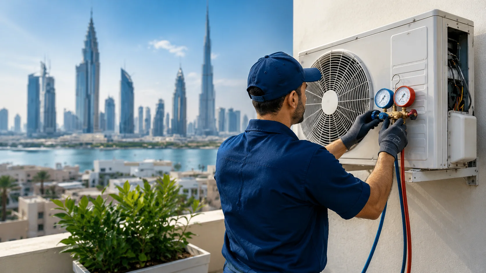 AC technician checking refrigerant pressure for AC gas refill service in Ajman