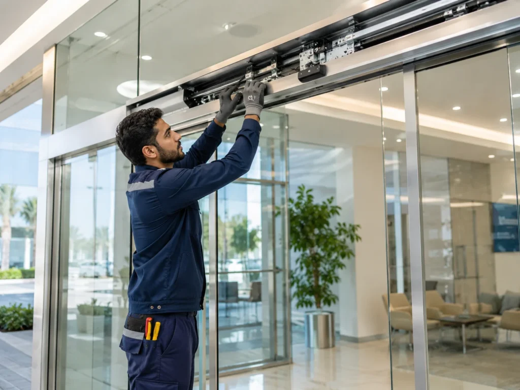 Automatic door technician repairing glass entrance door