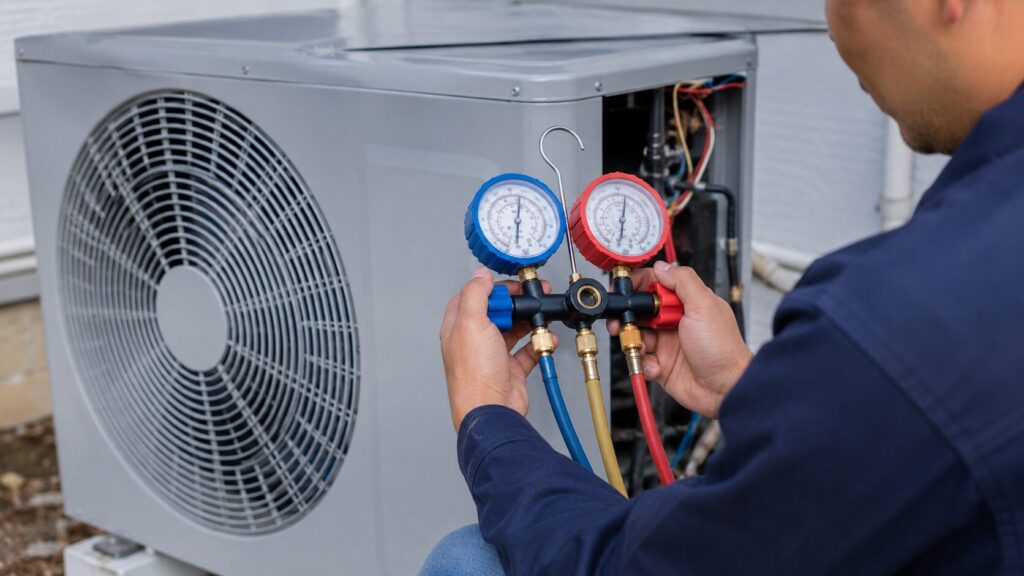 AC technician checking low refrigerant pressure with manifold gauges in Ajman