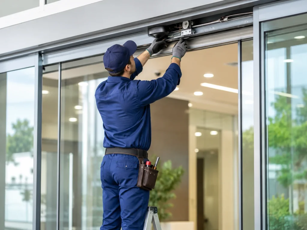 Technician repairing automatic sliding door
