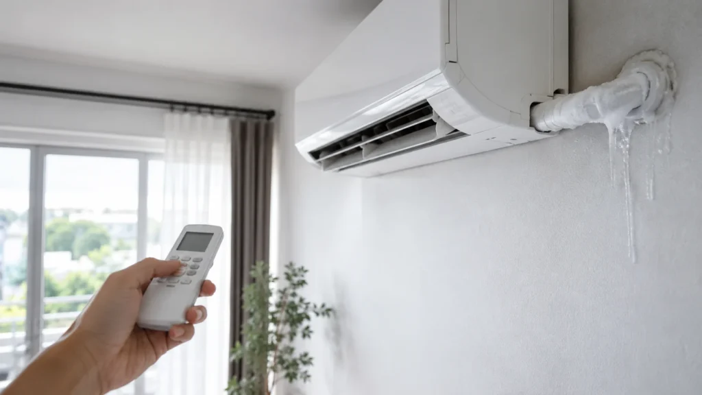 Technician checking a split AC that is not cooling properly in Ajman