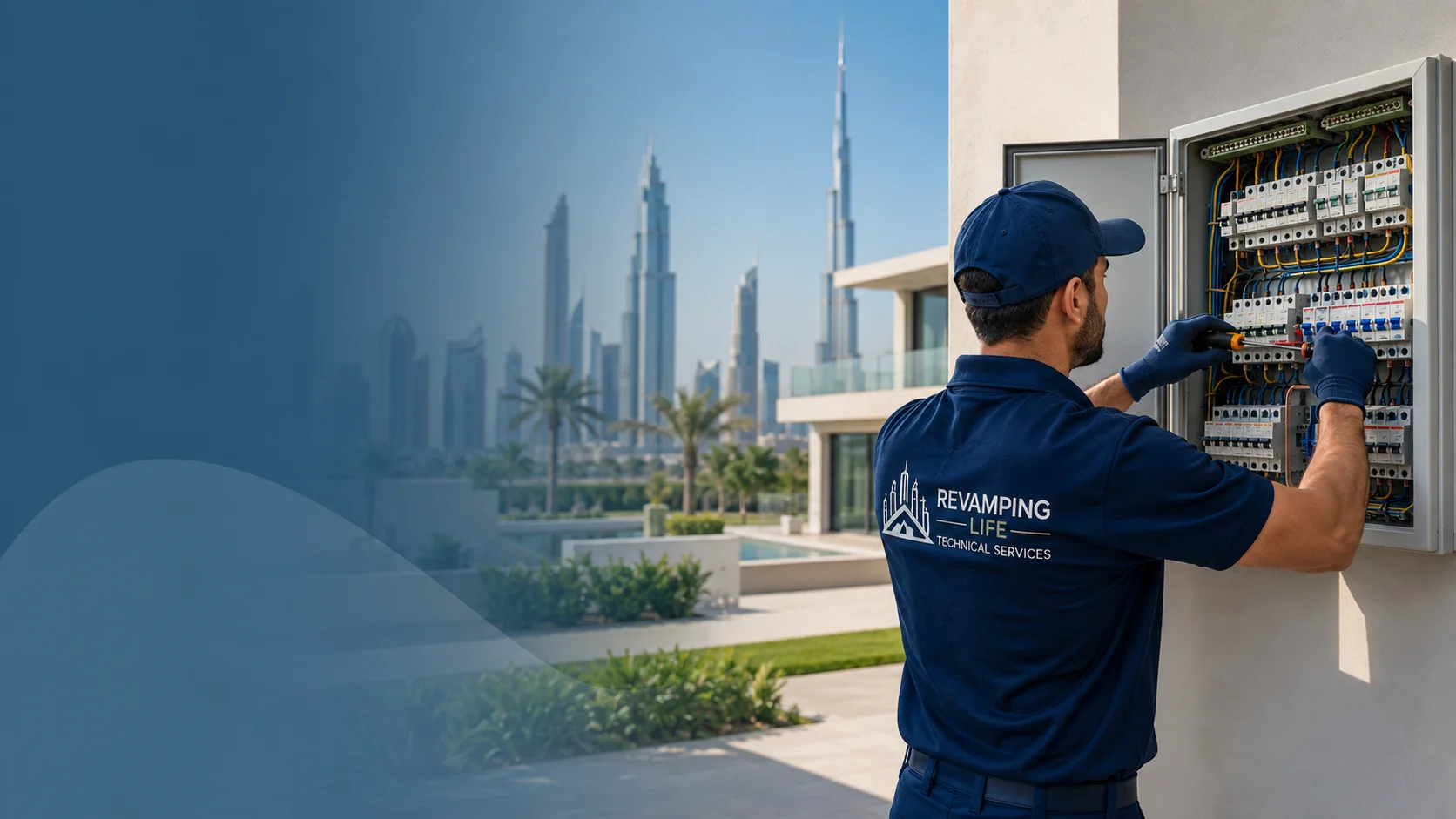 Professional Revamping Life electrician in Dubai repairing an electrical distribution board
