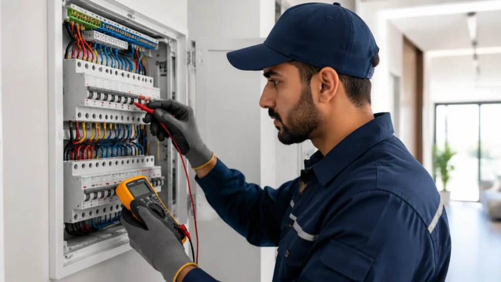Electrician in Dubai diagnosing power tripping and short-circuit faults