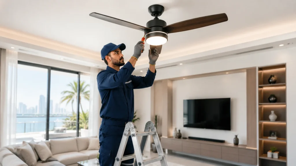 Electrician installing a ceiling fan and LED light in a Dubai home
